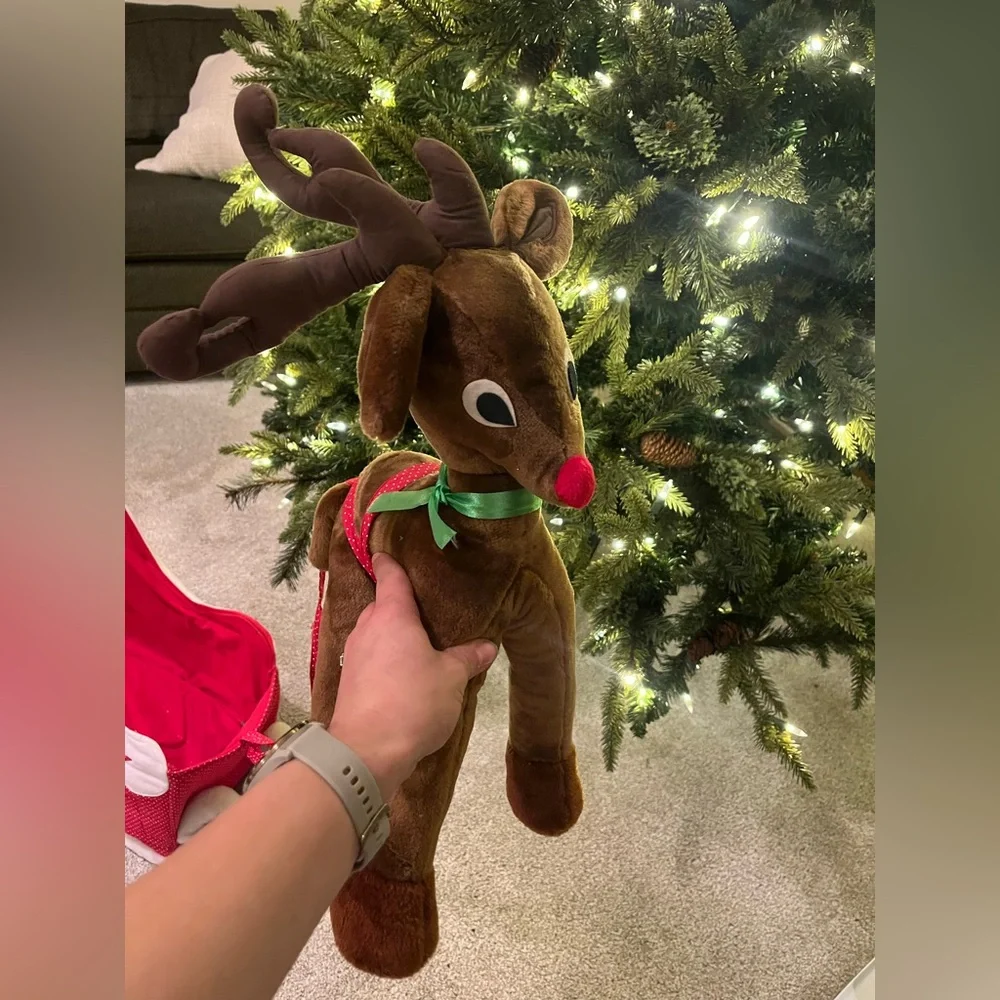 Vintage Plush Reindeer with Red Sleigh Set, Christmas Home Decor